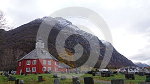Red Grytten church in Rauma near Andalsnes in Norway in autumn