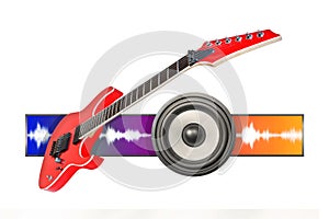 red guitar and audio speaker on white