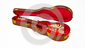 Red Guitar in Cases model Toy on white background