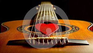 Red Guitar Pick Above the Strings of an Old Acoustic Guitar - Generative Ai