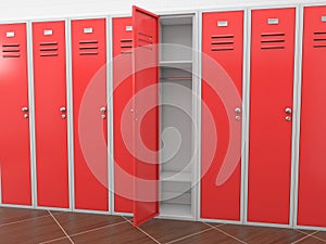Red gym lockers. 3d rendering illustration