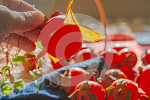 Red Hachiya persimmon fruit close up