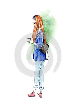 Red hair girl with a cofee. Street style