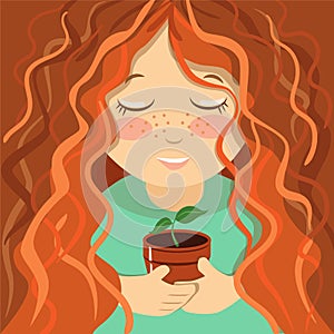 Red hair girl freckles holding flowerpot houseplant