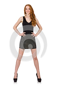 Red hair girl in gray dress isolated on white