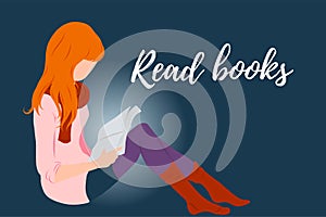 Red hair girl, lady reading a book flat style illustration for education, books shop, magazine promo, fashion poster, banner,