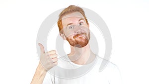 Red hair Gray man gesturing thumb up , isolated on white background