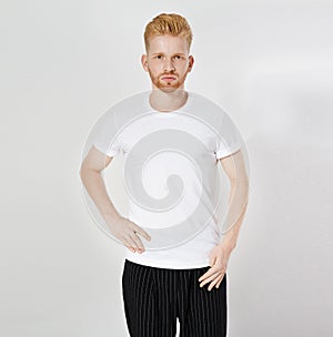 Red hair man in blank t-shirt isolated, male tshirt copy space. T shirt mock up