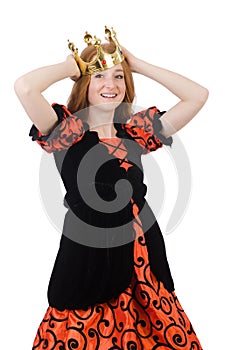 Red hair princess in orange dress isolated on