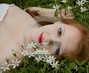 Red Hair, Red Lips, White Flowers