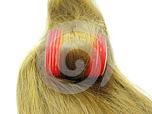 Red hair roller in hair wave