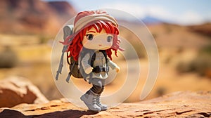 Red hair toy doll hiking across vast desert wilderness landscape - generative AI