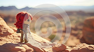 Red hair toy doll hiking across vast desert wilderness landscape - generative AI