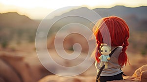 Red hair toy doll hiking across vast desert wilderness landscape - generative AI