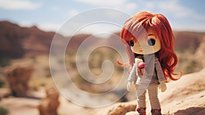Red hair toy doll hiking across vast desert wilderness landscape - generative AI