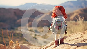 Red hair toy doll hiking across vast desert wilderness landscape - generative AI