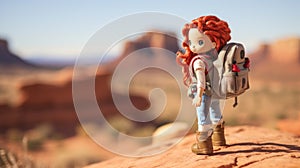 Red hair toy doll hiking across vast desert wilderness landscape - generative AI