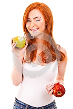 Red hair woman eat green apple on white