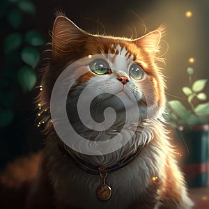 A red-haired cat plays with fireflies at dawn.