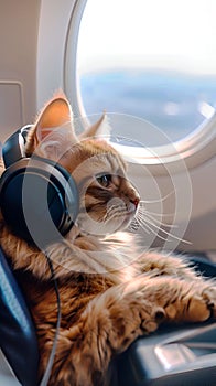 A red-haired cute cartoon cat on an airplane sits with headphones near the window.