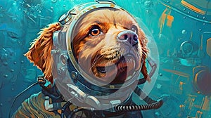 The red-haired dog scuba diver in the sea, under turquoise water. AI Generated
