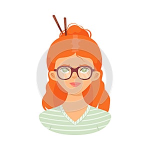 Red haired fashion girl wearing glasses and hairsticks vector illustration