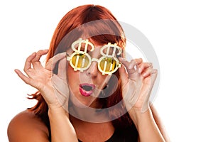 Red Haired Girl with Bling-Bling Dollar Glasses