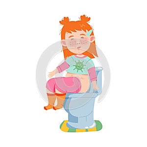 Red Haired Girl Character Sitting on Toilet Bowl in the Morning Vector Illustration