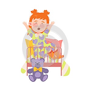 Red Haired Girl Character Waking Up and Yawning in the Morning Vector Illustration