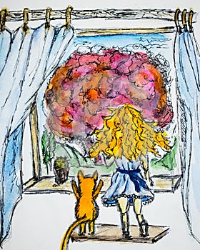 Red-haired girl with curly hair next to a red cat, they look out the window watercolor drawing, illustration