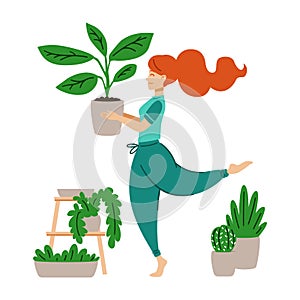 Red haired girl dancing with a flower pot in her hands. A woman takes care of houseplant. Crazy plant lady.