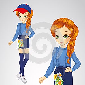 Red-haired Girl In Denim Skirt