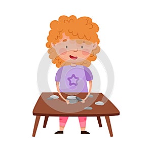 Red Haired Girl at Desk Playing with Pebbles Vector Illustration