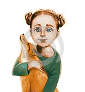 Red-haired girl holding a fox in her arms. Cartoon illustration.