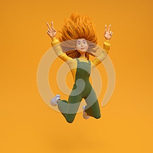 red-haired girl on an orange background shows a victory sign and jumping