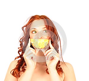 Red-haired girl pineapple smile isolated on white