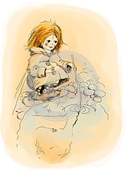 Red-haired girl and puddle