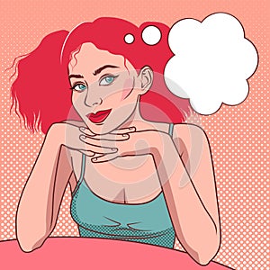 Red-haired girl resting her elbows on the table with a flirtatious look with a cloud for inscriptions. In the style of pop art.