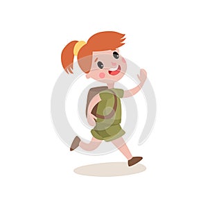 Red-haired girl scout running with cheerful face expression, summer camp activities