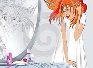 Red-haired girl stands in the mirror with cosmetics.