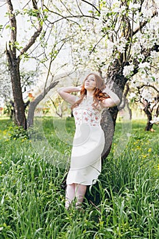 Red-haired girl walks in a spring blooming apple orchard