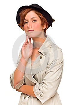 Red Haired Girl Wearing a Trenchcoat and Hat photo