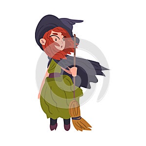 Red Haired Girl Witch Standing with Broom Wearing Green Dress and Hat, Cute Halloween Cartoon Character Vector