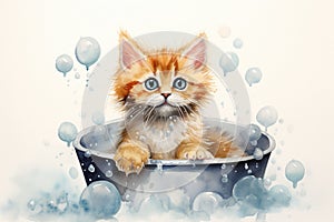 a red-haired kitten enjoys bathing in a basin, watercolor illustration