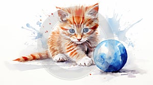 Red-haired kitten plays with a blue ball. Illustration aquarelle of a playful cat on white background. AI Generated