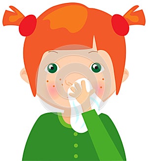 Red-haired sick girl with handkerchief