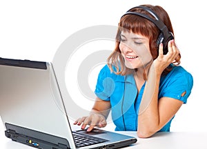 Red-haired teen-girl listen to music