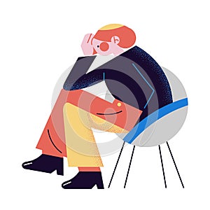 A red-haired woman in colorful pants thoughtfully sitting on the grey chair. Vector illustration in the flat cartoon