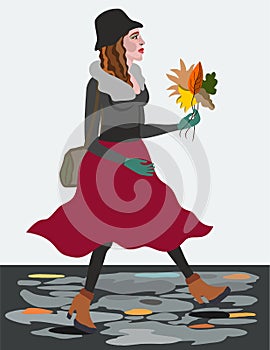 Red-haired woman with et of autumn leaves. Vector concept.