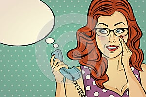 Red-haired woman with glasses, gossip at retro phone
